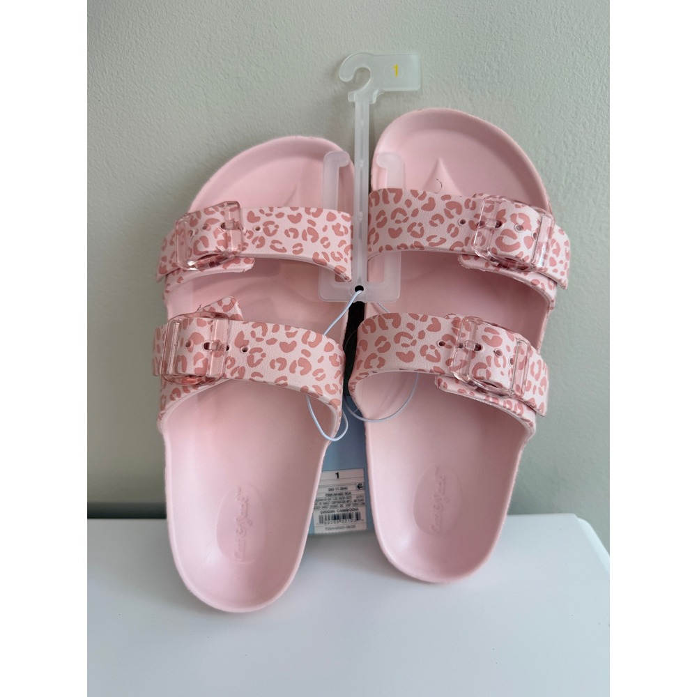 Cat & Jack Slide Sandals‎ Girls Size 1 Pink Leopard Print Buckle NWT - Picture 2 of 4